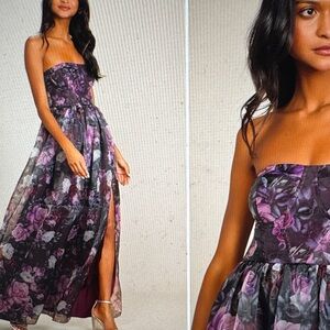 Lulu's Wonderful Waltz Purple Floral Print Strapless Bustier Maxi Dress